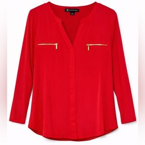 INC – Red Gold Zip Power Blouse – XL | Workwear Chic Statement Date Night Piece